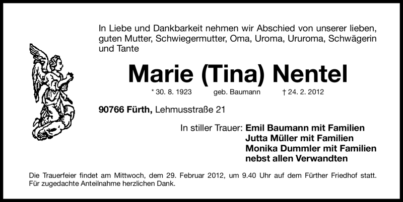  Traueranzeige für Marie Nentel vom 27.02.2012 aus Fürther Nachrichten Lokal