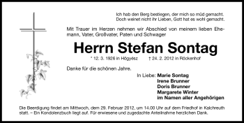 Traueranzeige von Stefan Sonntag von Gesamtausgabe Nürnberger Nachrichten / Nürnberger Zeitung