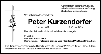Traueranzeige von Peter Kurzendorfer von Gesamtausgabe Nürnberger Nachrichten / Nürnberger Zeitung