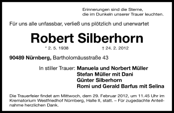Traueranzeige von Robert Silberhorn von Gesamtausgabe Nürnberger Nachrichten / Nürnberger Zeitung