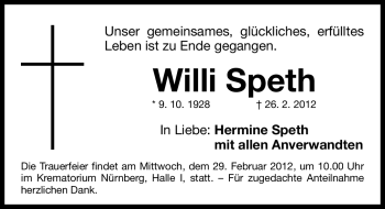 Traueranzeige von Willi Speth von Gesamtausgabe Nürnberger Nachrichten / Nürnberger Zeitung