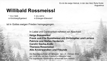 Traueranzeige von Willibald Rossmeissl von Erlanger Nachrichten Lokal