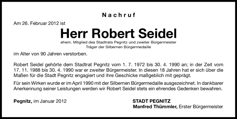  Traueranzeige für Robert Seidel vom 28.02.2012 aus Nordbayerische Nachrichten Pegnitz Lokal