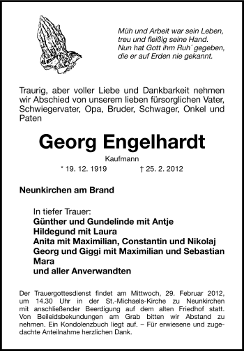 Traueranzeige von Georg Engelhardt von Gesamtausgabe Nürnberger Nachrichten / Nürnberger Zeitung
