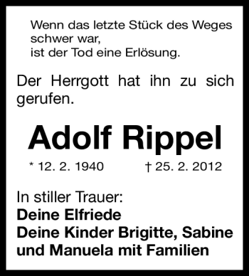 Traueranzeige von Adolf Rippel von Erlanger Nachrichten Lokal