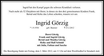 Traueranzeige von Ingrid Görzig von Erlanger Nachrichten Lokal