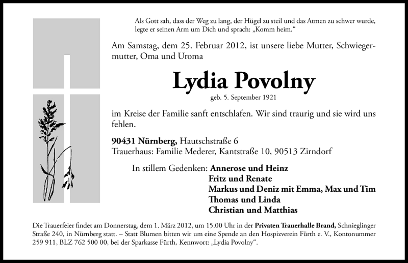  Traueranzeige für Lydia Povolny vom 28.02.2012 aus Gesamtausgabe Nürnberger Nachrichten / Nürnberger Zeitung