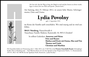 Traueranzeige von Lydia Povolny von Gesamtausgabe Nürnberger Nachrichten / Nürnberger Zeitung