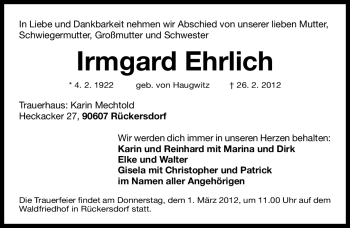 Traueranzeige von Irmgard Ehrlich von Gesamtausgabe Nürnberger Nachrichten / Nürnberger Zeitung
