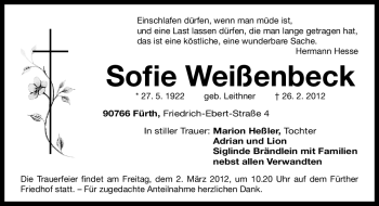 Traueranzeige von Sofie Weißenbeck von Fürther Nachrichten Lokal
