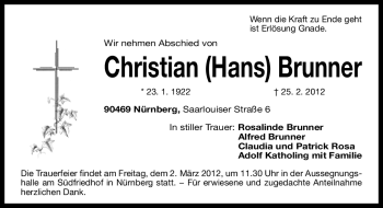 Traueranzeige von Christian Brunner von Gesamtausgabe Nürnberger Nachrichten / Nürnberger Zeitung