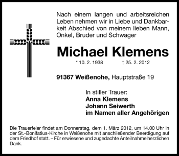 Traueranzeige von Michael Klemens von Nordbayerische Nachrichten Forchheim Lokal