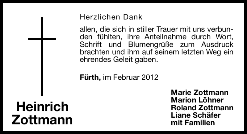  Traueranzeige für Heinrich Zottmann vom 03.03.2012 aus Fürther Nachrichten Lokal