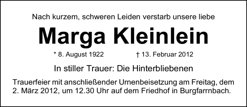 Traueranzeige für Marga Kleinlein vom 29.02.2012 aus Gesamtausgabe Nürnberger Nachrichten / Nürnberger Zeitung