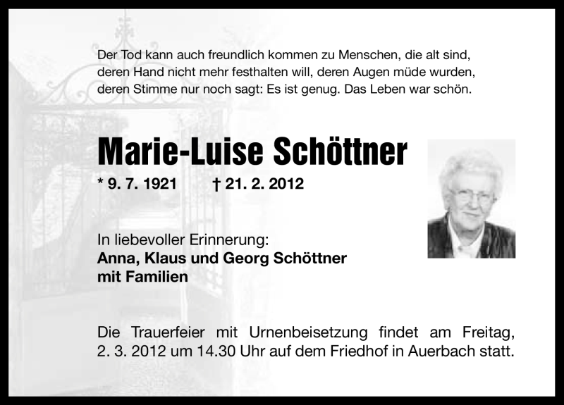  Traueranzeige für Marie-Luise Schöttner vom 29.02.2012 aus Nordbayerische Nachrichten Pegnitz Lokal