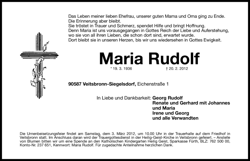  Traueranzeige für Maria Rudolf vom 29.02.2012 aus Fürther Nachrichten Lokal