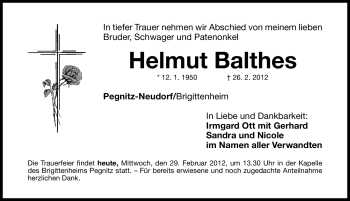 Traueranzeige von Helmut Balthes von Nordbayerische Nachrichten Pegnitz Lokal