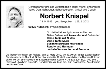 Traueranzeige von Norbert Knispel von Gesamtausgabe Nürnberger Nachrichten / Nürnberger Zeitung
