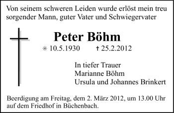 Traueranzeige von Peter Böhm von Erlanger Nachrichten Lokal
