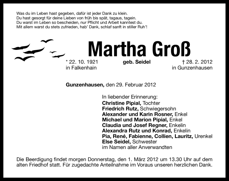  Traueranzeige für Martha Groß vom 29.02.2012 aus Altmühl-Bote Lokal