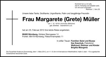 Traueranzeige von Margarete Müller von Gesamtausgabe Nürnberger Nachrichten / Nürnberger Zeitung