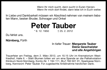 Traueranzeige von Peter Tauber von Gesamtausgabe Nürnberger Nachrichten / Nürnberger Zeitung