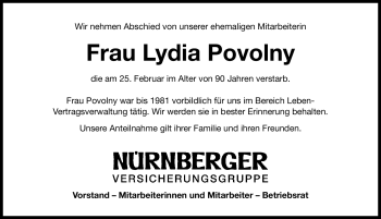 Traueranzeige von Lydia Povolny von Gesamtausgabe Nürnberger Nachrichten/Nürnberger Ztg.