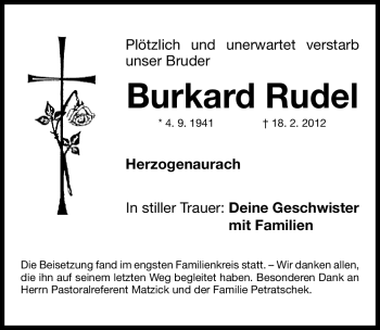 Traueranzeige von Burkard Rudel von Nordbayerische Nachrichten Herzogenaurach Lokal