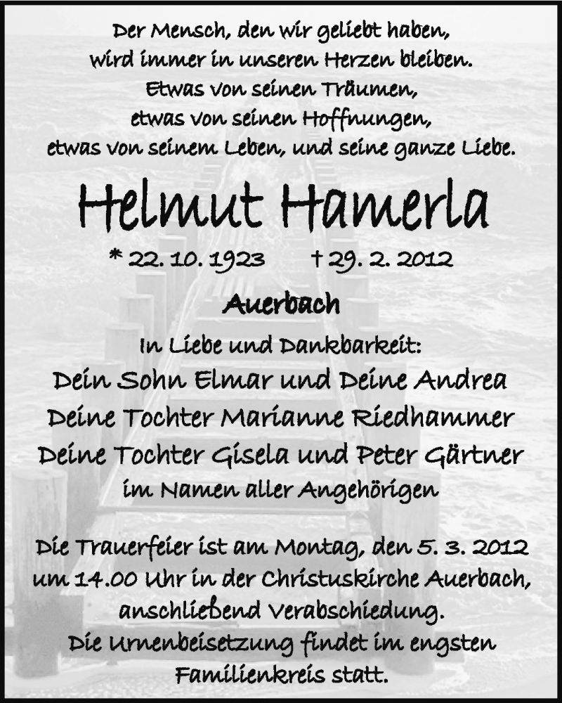  Traueranzeige für Helmut Hamerla vom 02.03.2012 aus Nordbayerische Nachrichten Pegnitz Lokal