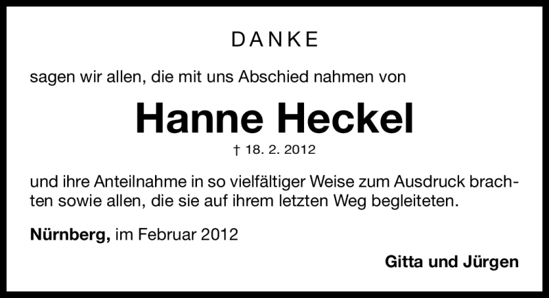  Traueranzeige für Hanne Heckel vom 03.03.2012 aus Gesamtausgabe Nürnberger Nachrichten/Nürnberger Ztg.
