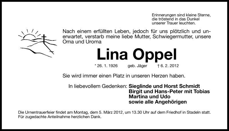  Traueranzeige für Lina Oppel vom 03.03.2012 aus Fürther Nachrichten Lokal