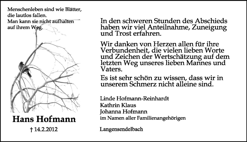  Traueranzeige für Hans Hofmann vom 03.03.2012 aus Nordbayerische Nachrichten Forchheim Lokal
