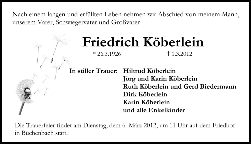  Traueranzeige für Friedrich Köberlein vom 03.03.2012 aus Erlanger Nachrichten Lokal