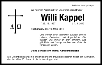 Traueranzeige von Willi Kappel von Altmühl-Bote Lokal