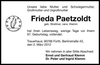 Traueranzeige von Frieda Paetzoldt von Fürther Nachrichten Lokal