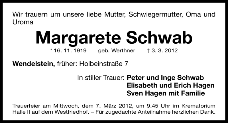  Traueranzeige für Margarete Schwab vom 05.03.2012 aus Gesamtausgabe Nürnberger Nachrichten/Nürnberger Ztg.
