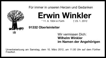 Traueranzeige von Erwin Winkler von Fürther Nachrichten Lokal