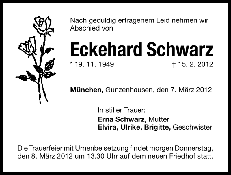  Traueranzeige für Eckehard Schwarz vom 07.03.2012 aus Altmühl-Bote Lokal
