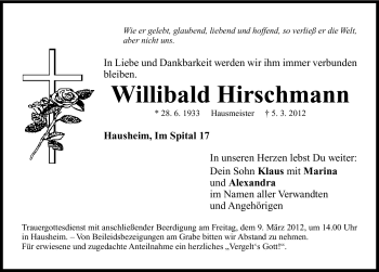 Traueranzeige von Willibald Hirschmann von Neumarkter Nachrichten Lokal