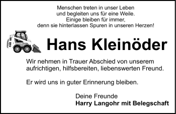 Traueranzeige von Hans Kleinöder von Roth-Hilpoltsteiner Volkszeitung Lokal