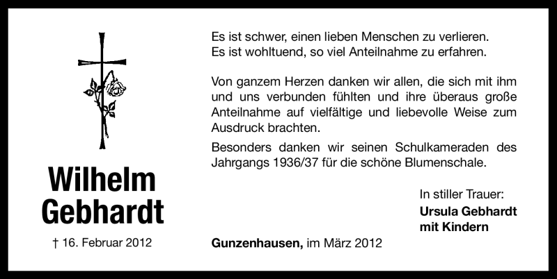  Traueranzeige für Wilhelm Gebhardt vom 08.03.2012 aus Altmühl-Bote Lokal