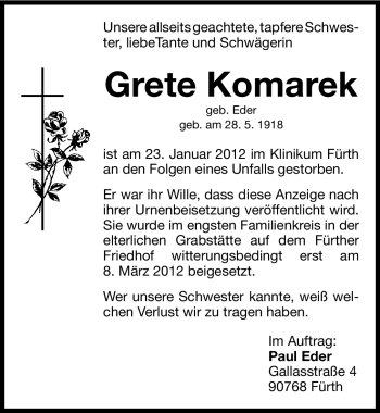 Traueranzeige von Grete Komarek von Fürther Nachrichten Lokal