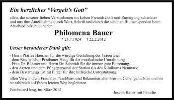 Traueranzeige von Philomena Bauer von Neumarkter Nachrichten Lokal