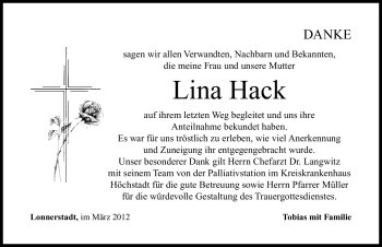 Traueranzeige von Lina Hack von Nordbayerische Nachrichten Herzogenaurach Lokal