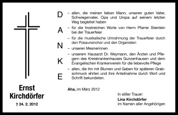 Traueranzeige von Ernst Kirchdörfer von Altmühl-Bote Lokal