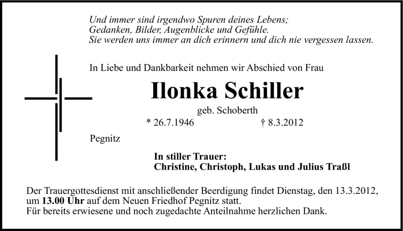  Traueranzeige für Ilonka Schiller vom 10.03.2012 aus Nordbayerische Nachrichten Pegnitz Lokal