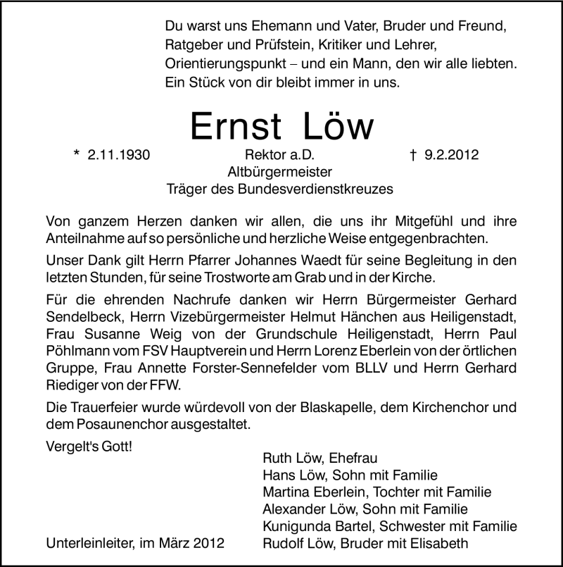  Traueranzeige für Ernst Löw vom 10.03.2012 aus Nordbayerische Nachrichten Forchheim Lokal