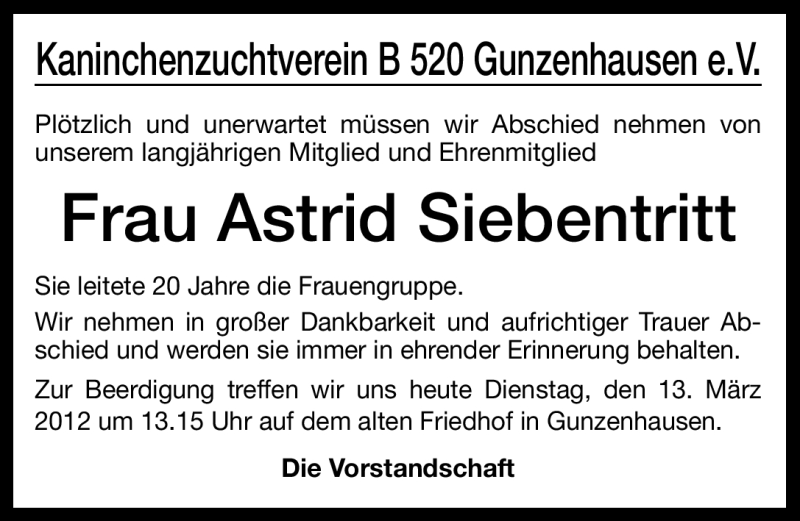  Traueranzeige für Astrid Siebentritt vom 13.03.2012 aus Altmühl-Bote Lokal