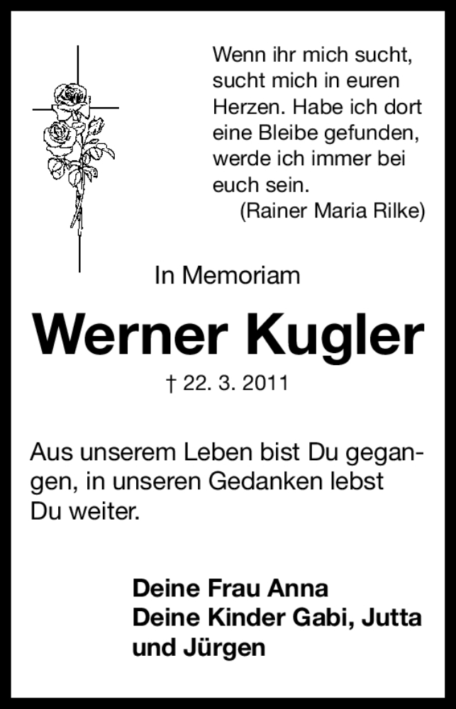  Traueranzeige für Werner Kugler vom 22.03.2012 aus Gesamtausgabe Nürnberger Nachrichten/Nürnberger Ztg.