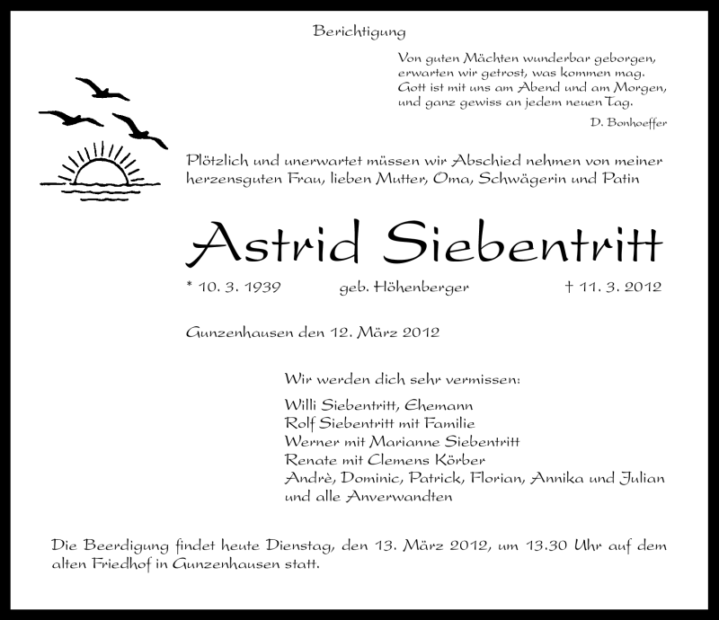  Traueranzeige für Astrid Siebentritt vom 13.03.2012 aus Altmühl-Bote Lokal